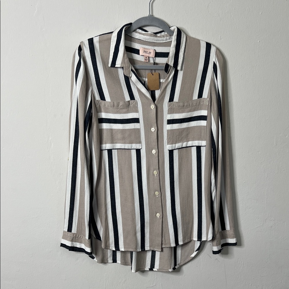 Per Se Striped Button Down Blouse Women’s Medium Long Sleeve Collared